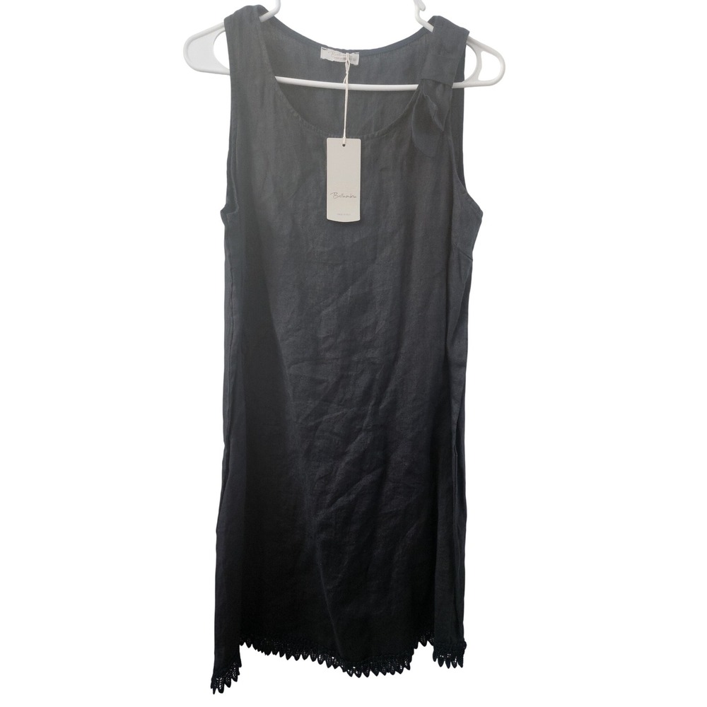 Bellambra Italy Navy Blue 100% Linen Sleeveless Shift Dress Lace Trim Size M NWT